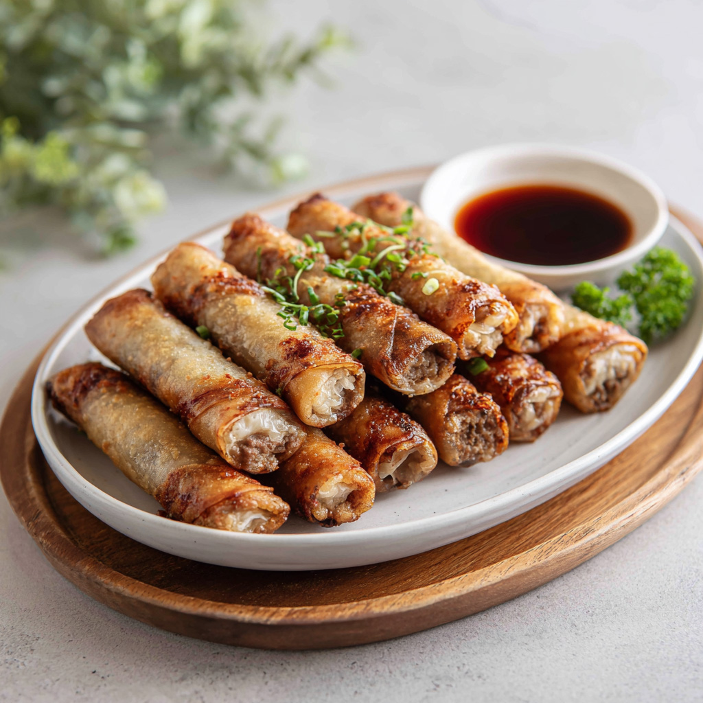 Twelve crispy pork lumpia served on a white and wooden plate with dipping sauce, ideal for groups or sharing.