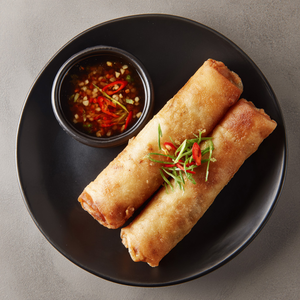 Two golden pork lumpia served on a dark plate with a small bowl of dipping sauce on the side.