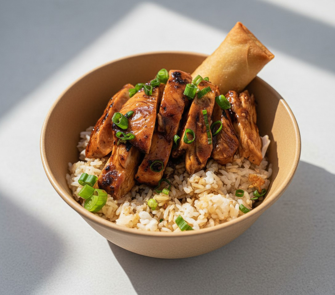 Grilled chicken glazed with Filipino BBQ sauce, served over garlic rice with chopped scallions and a crispy lumpia.