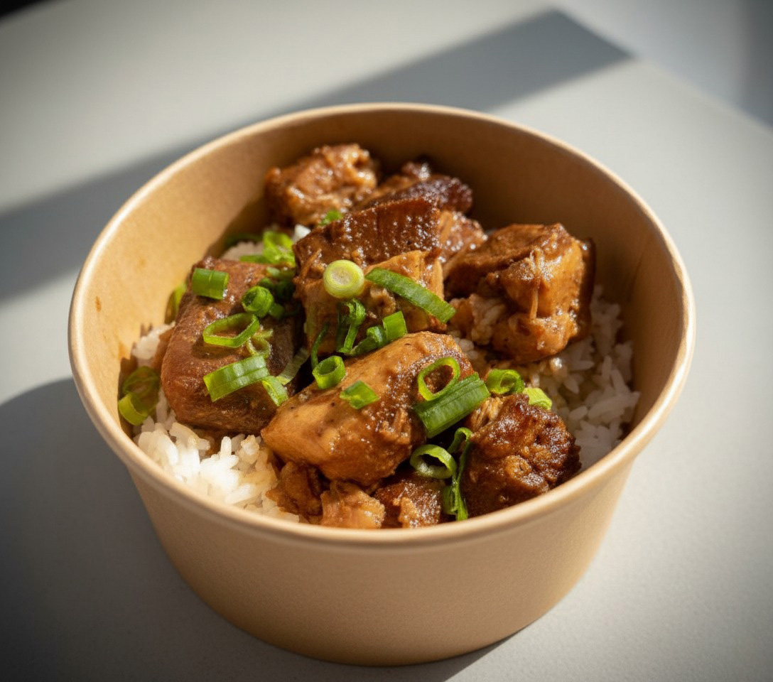 Bowl of pork adobo cooked in soy, vinegar, garlic, and spices, served over garlic rice and garnished with chopped green onions.