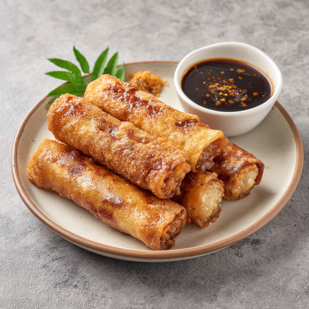 Five crispy pork lumpia served on a neutral plate with dipping sauce, perfect for sharing.