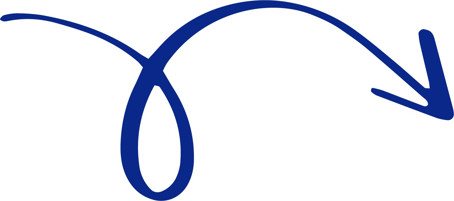 A thick blue curved arrow with a loop in the middle, pointing down and to the right inside a rectangular design editor frame.