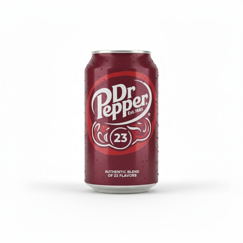 Maroon can of Dr. Pepper on a white background.