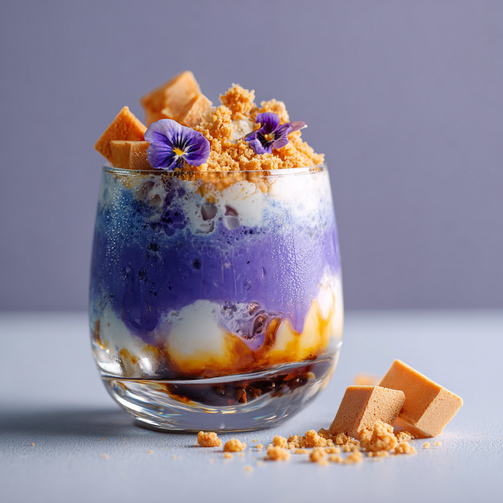 Layered shaved ice dessert in a glass filled with purple yam, leche flan, jellies, beans, and crushed ice, topped with wafer cubes and crumbs.