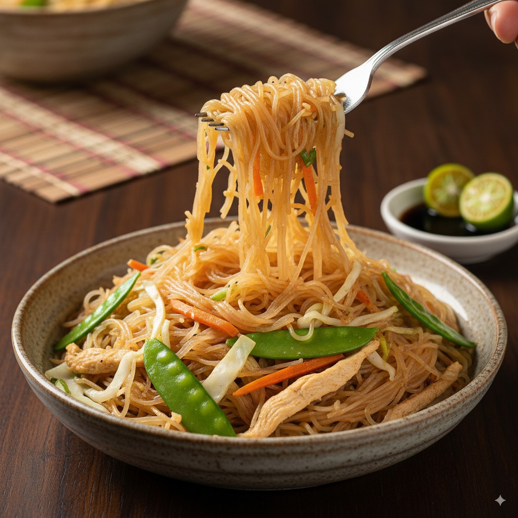 Bowl of stir-fried rice noodles mixed with vegetables and garnished with green onions, served with lime wedges on the side.