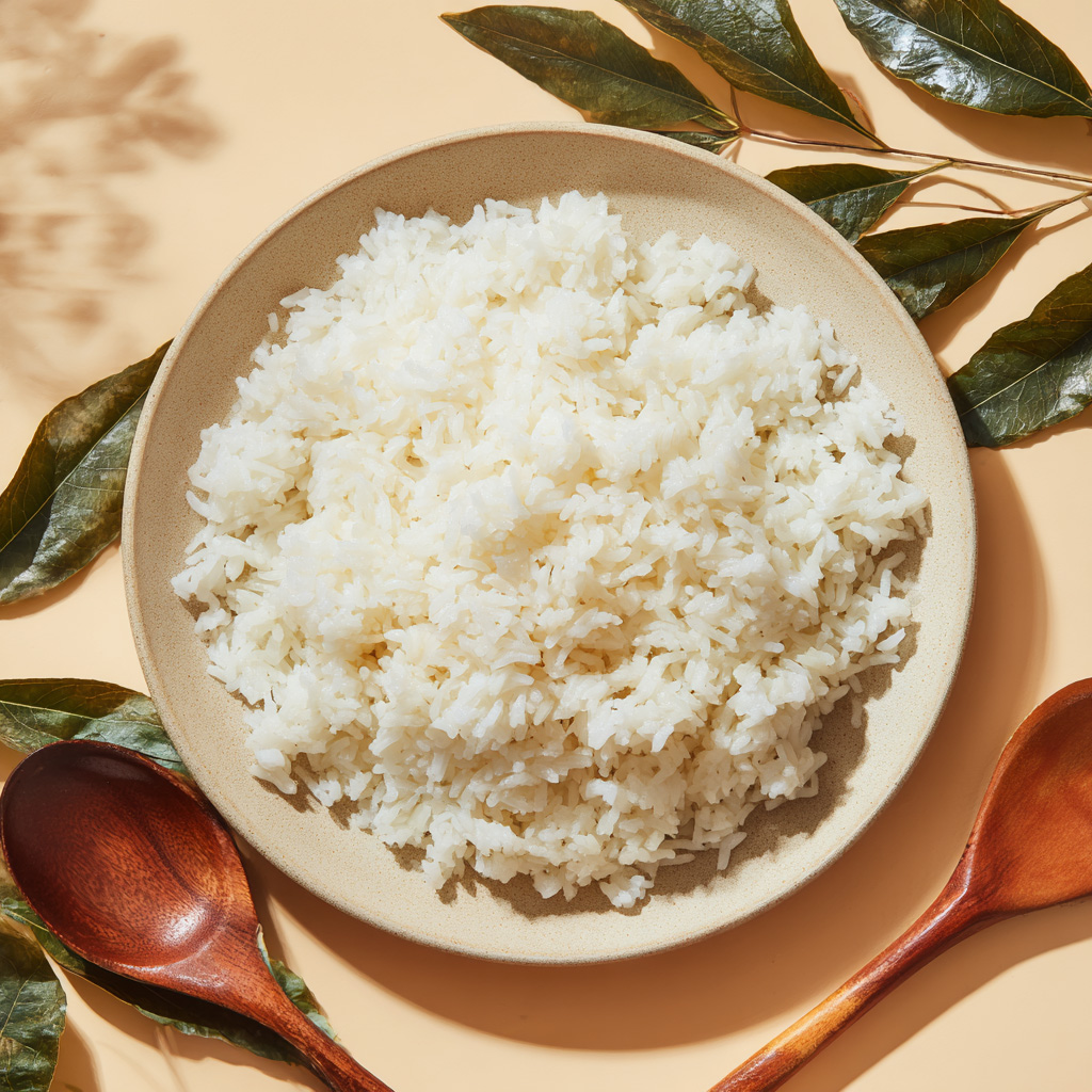 Bowl of steamed white rice served on a ceramic plate with wooden utensils, surrounded by leaves on a light background.