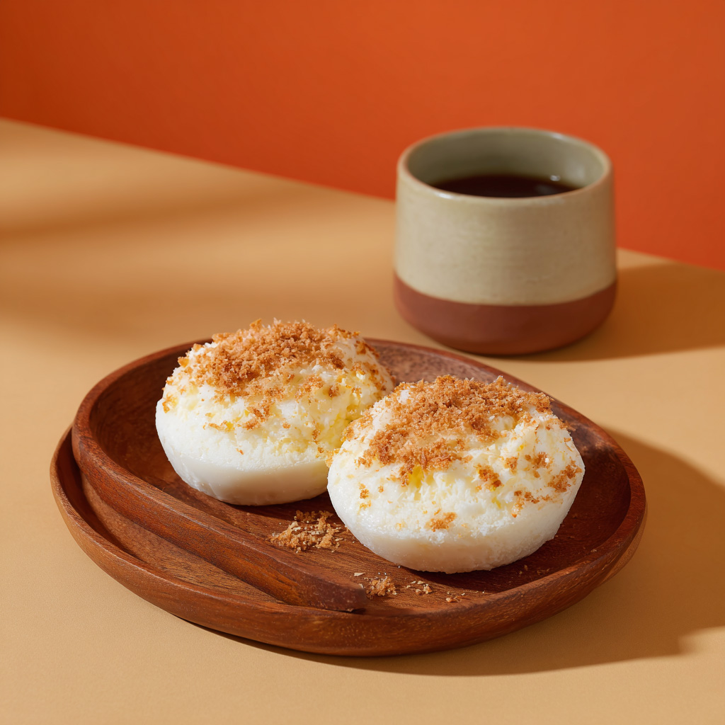 Two steamed white rice cakes topped with melted cheese and grated topping, served on a wooden plate with a small cup of coffee.