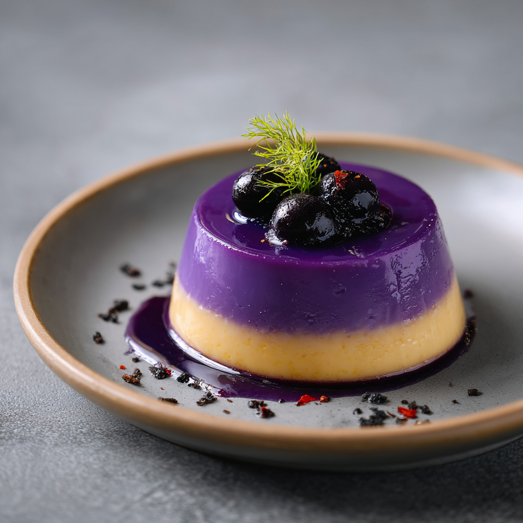 Round layered rice cake dessert with a creamy yellow flan base and purple ube topping, garnished with blueberries and herbs on a ceramic plate.