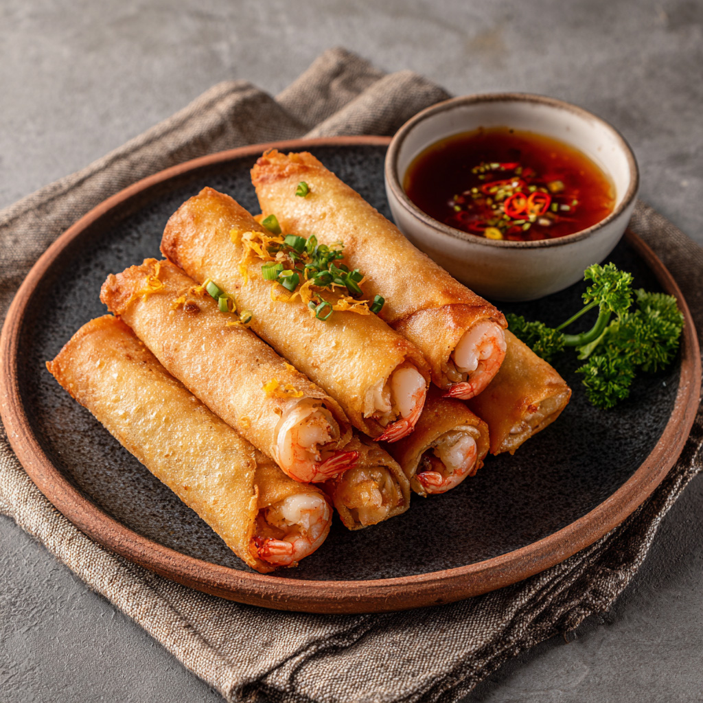 Seven shrimp-stuffed lumpia arranged on a plate with dipping sauce and garnished with herbs, golden and crispy.