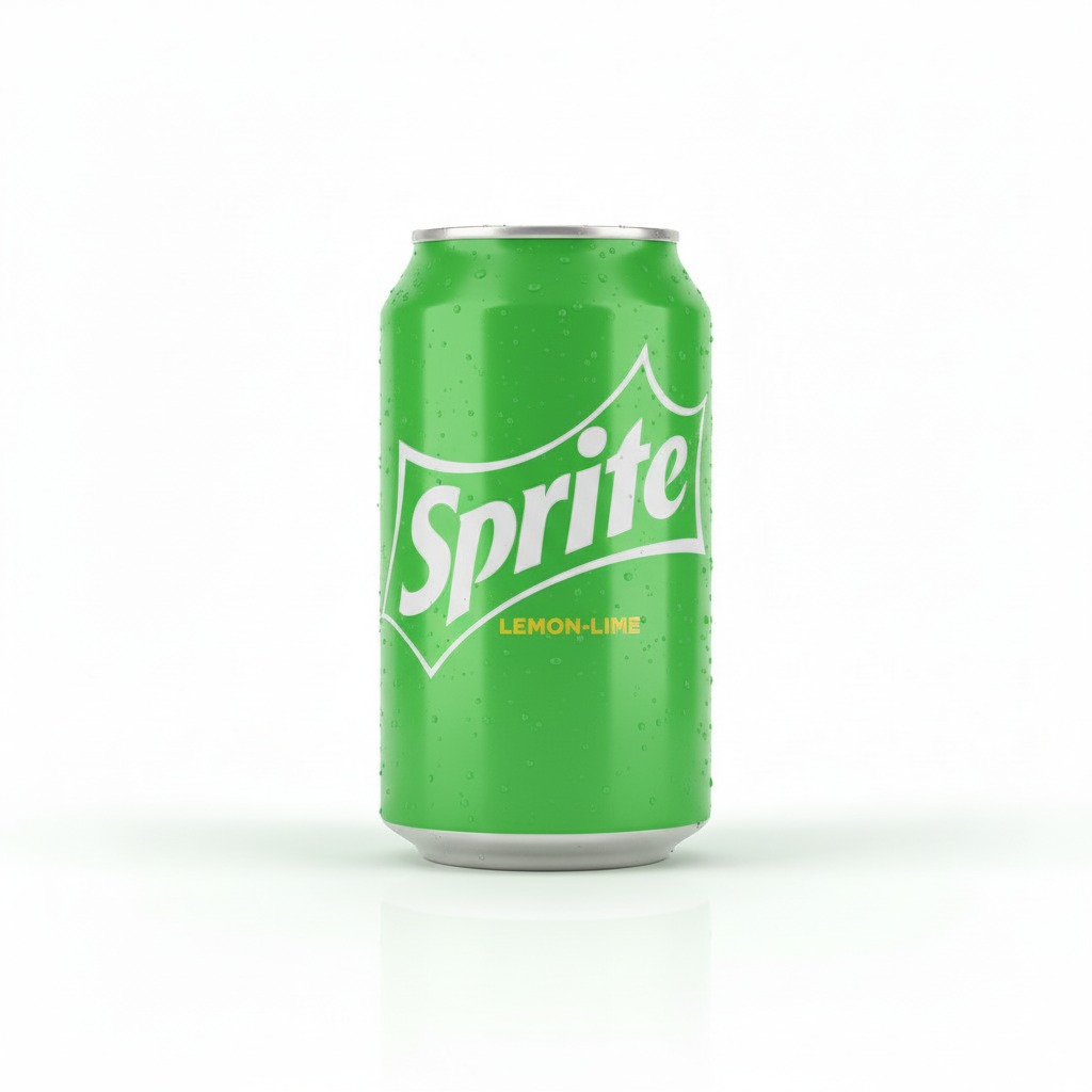 Green can of Sprite with white and yellow text on a white background.