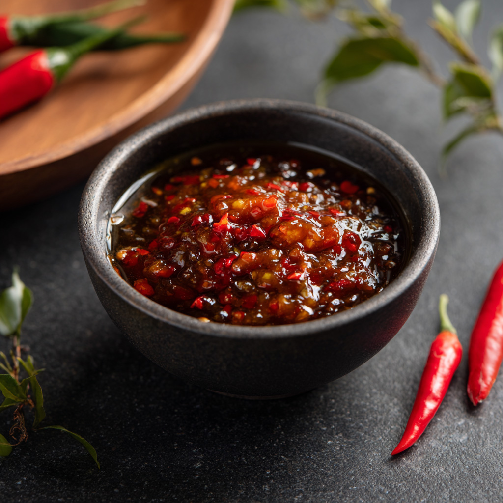 Dark ceramic bowl filled with chunky sweet and spicy sauce, placed on a black slate surface with red chili peppers beside it.