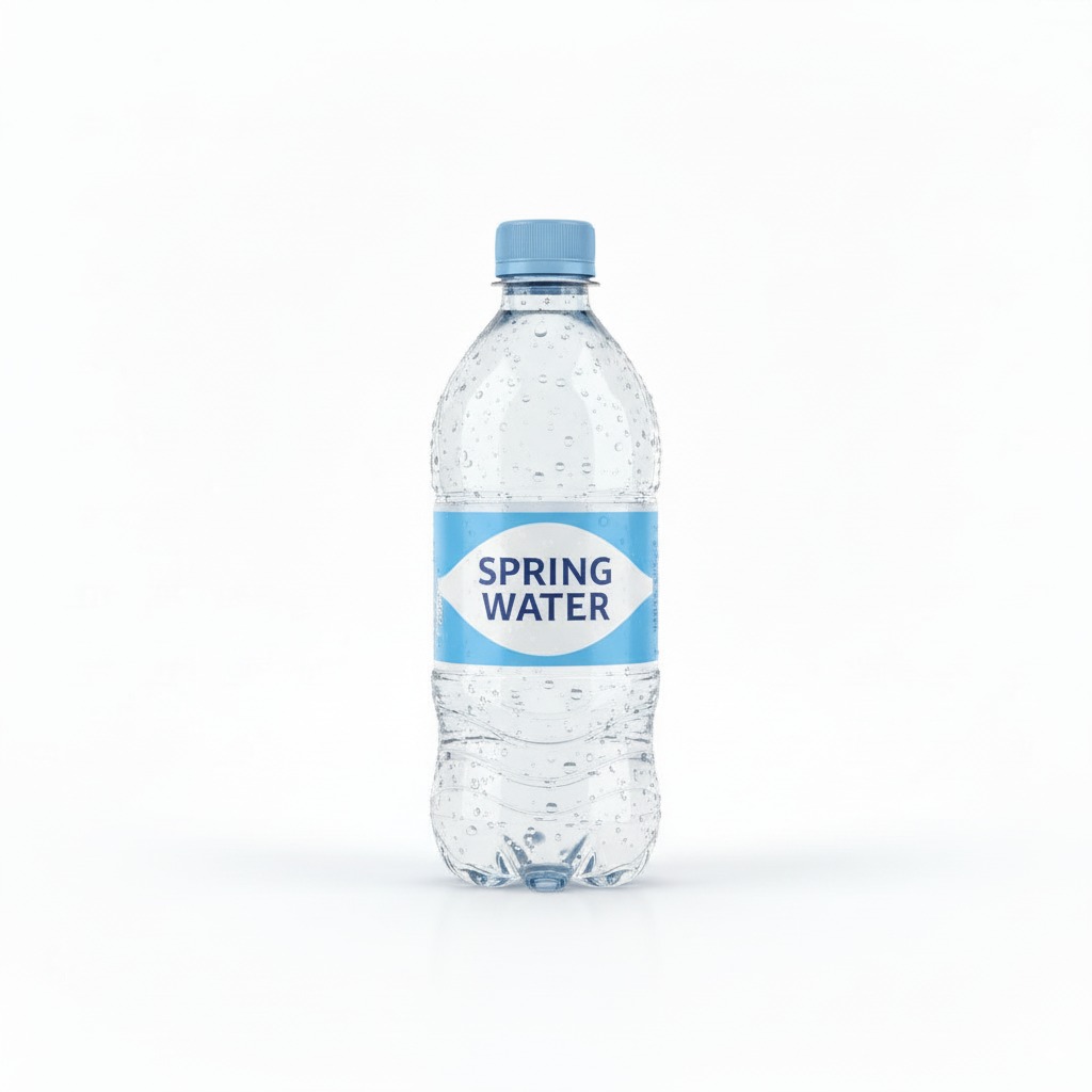 Clear plastic bottle of spring water with a blue cap and blue label, placed on a white background.
