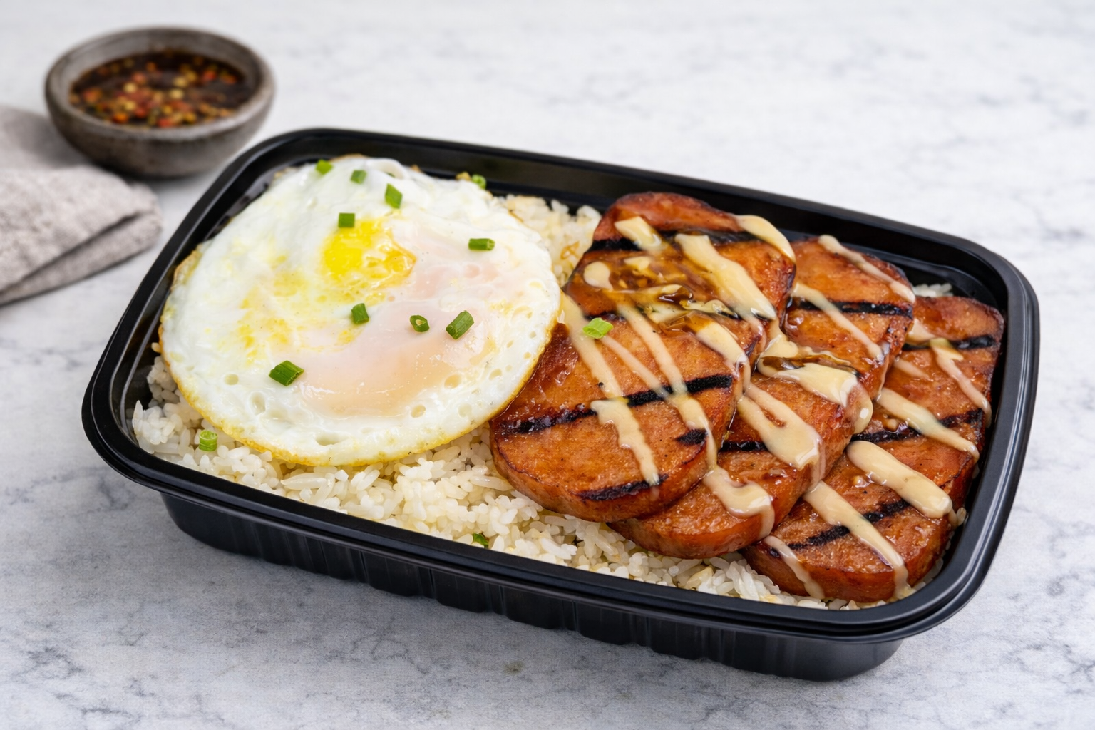 Grilled tocino-style spam slices drizzled with sauce, served over garlic rice with a sunny-side-up egg and chopped green onions.